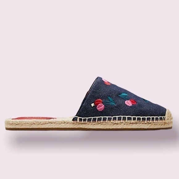 𝅺kate Spade Cherry Mules Denim & Leather Shoes NWT Size 8 - Picture 3 of 4